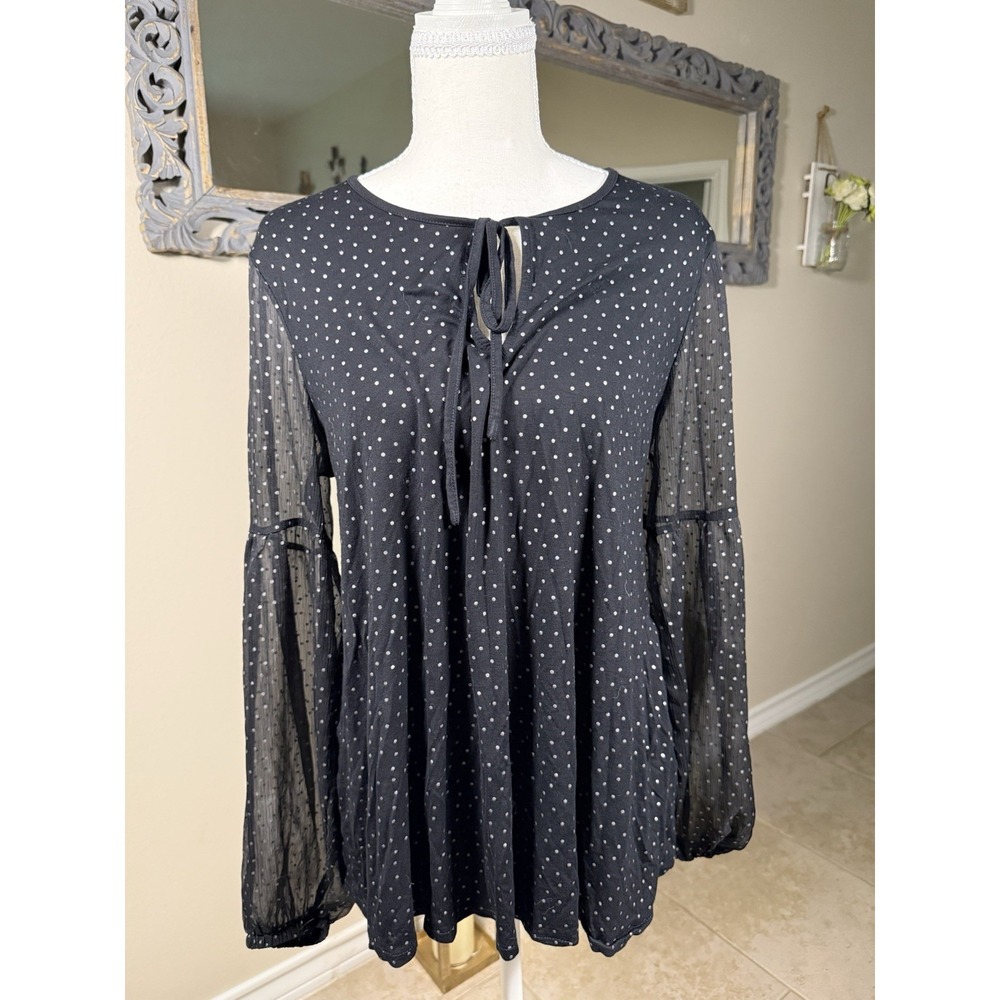 Boden Womens US 10 UK 14 Black White Polka Dot Sheer Sleeve Tie Neck Blouse L